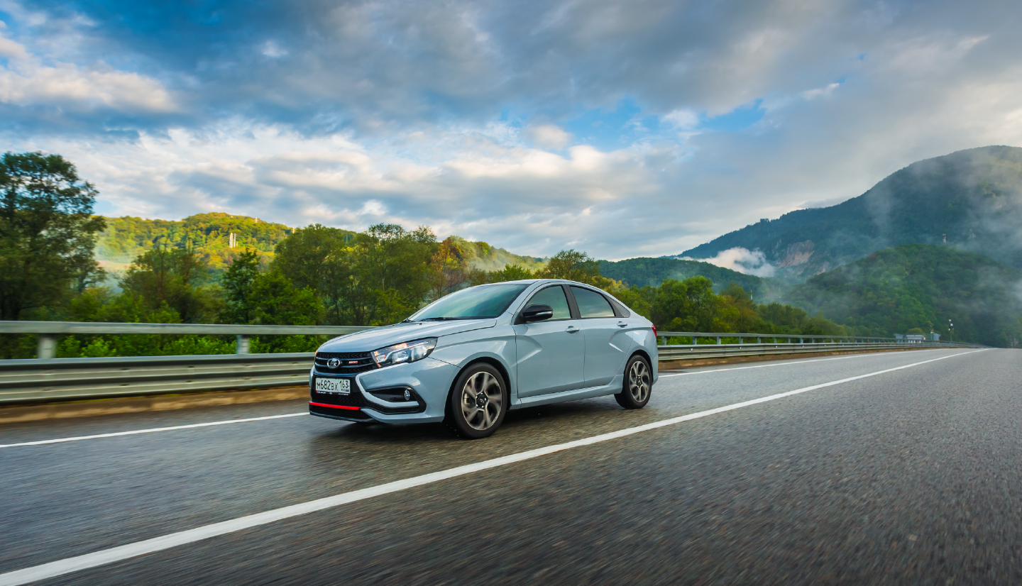 Depiction of a car on a cloudy day. 